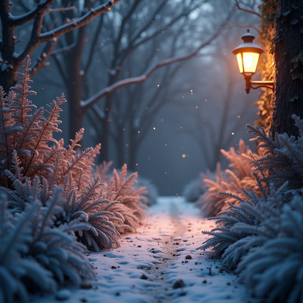 Frosted Winter Garden Scene in Warm, Dim Light