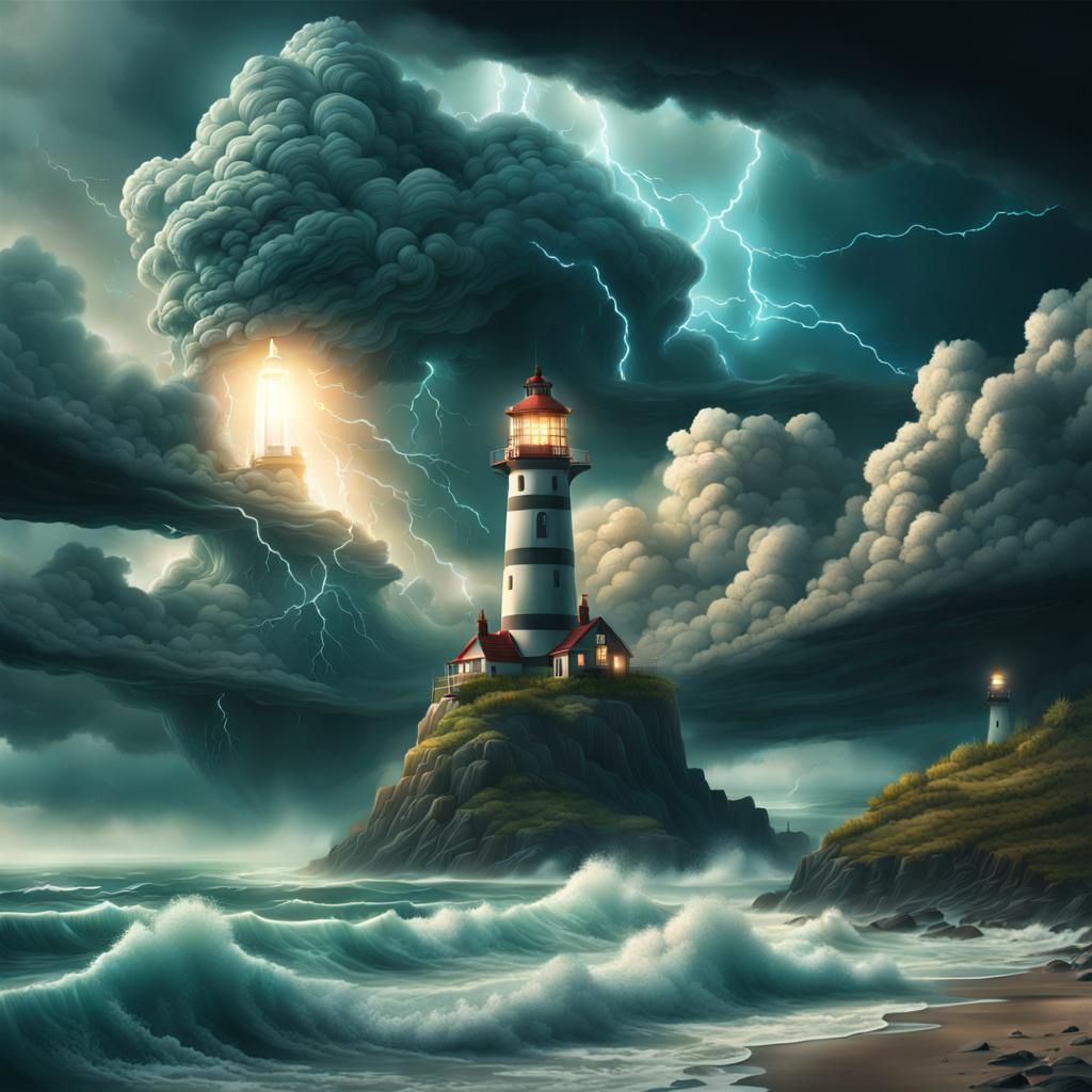Futuristic Lighthouse in Electric Cloud Storm