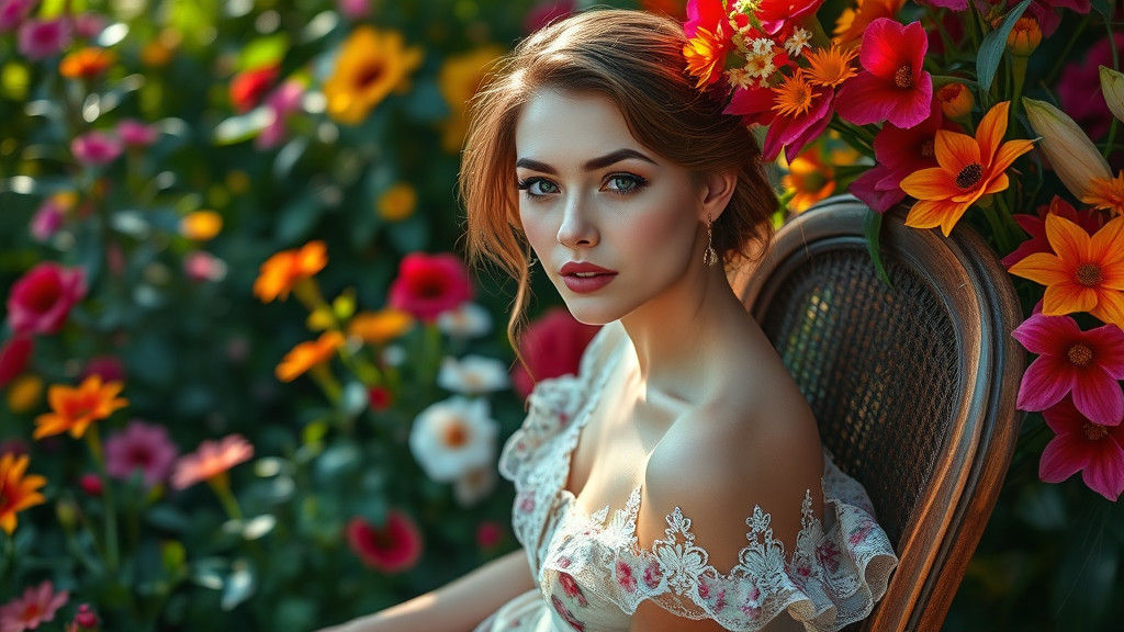 Lady in Floral Dress in Lush Summer Garden