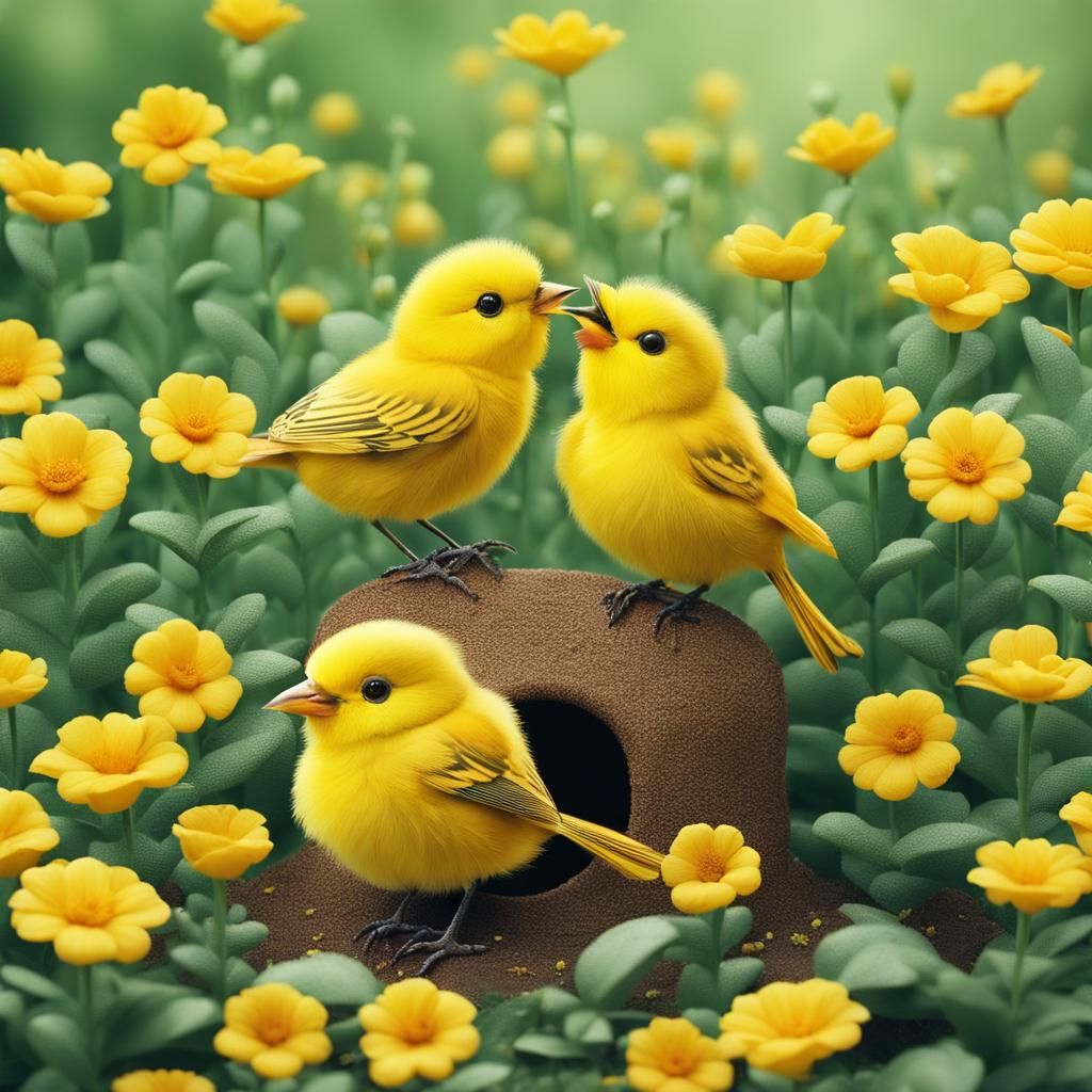 Yellow Birds in a Sunny Flower Garden