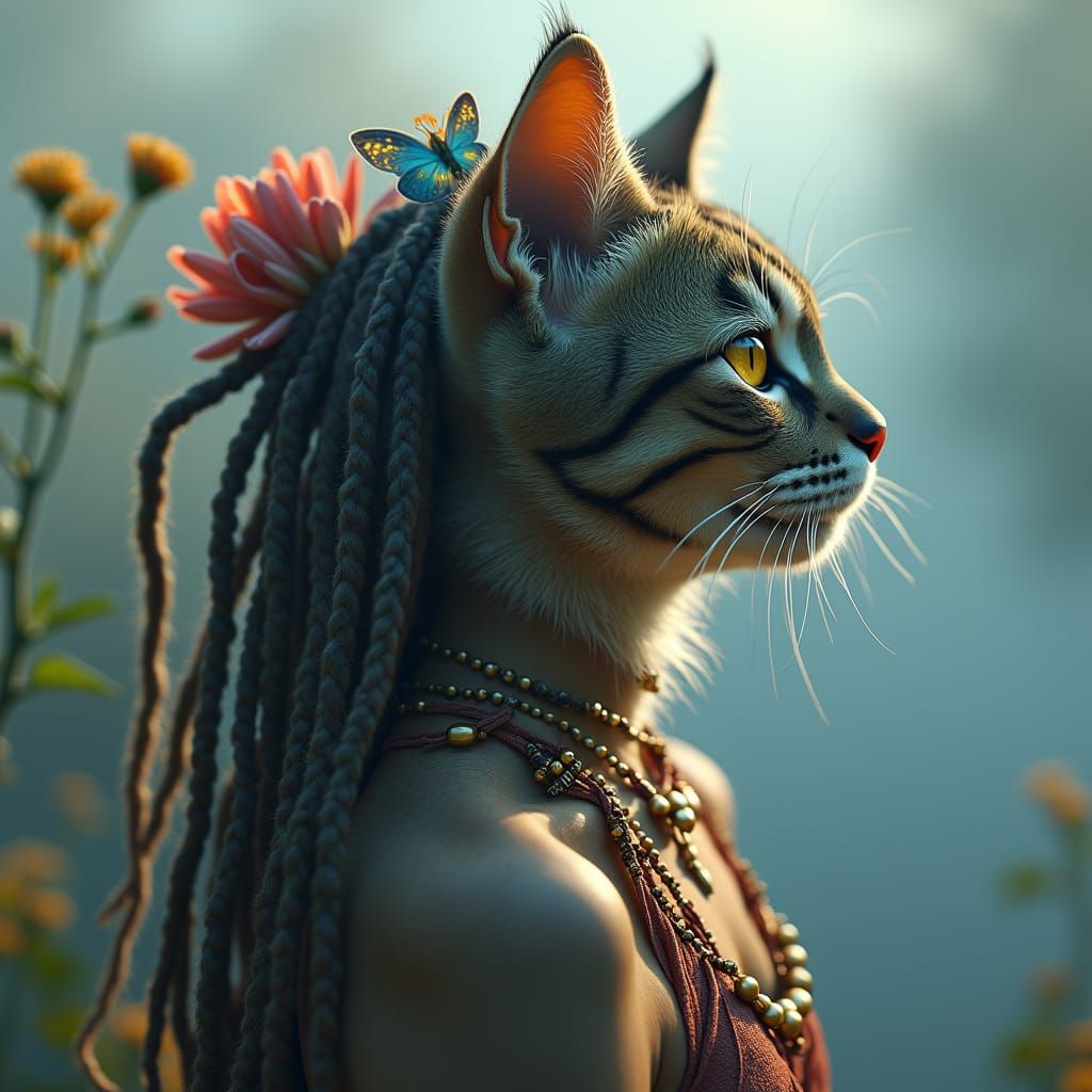 Mystical Cat-Human Hybrid in Ethereal Landscape