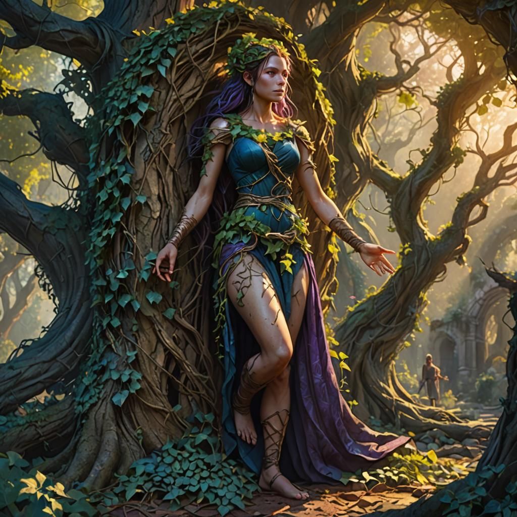 Fantasy Woman with Ivy in Ancient Forest