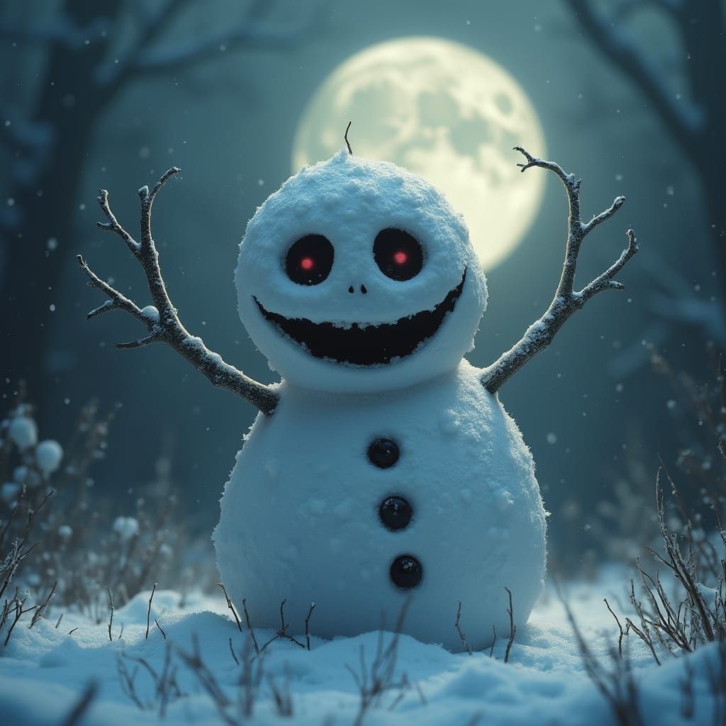Terrifying Snowman Emerges in Dark Winter Scene