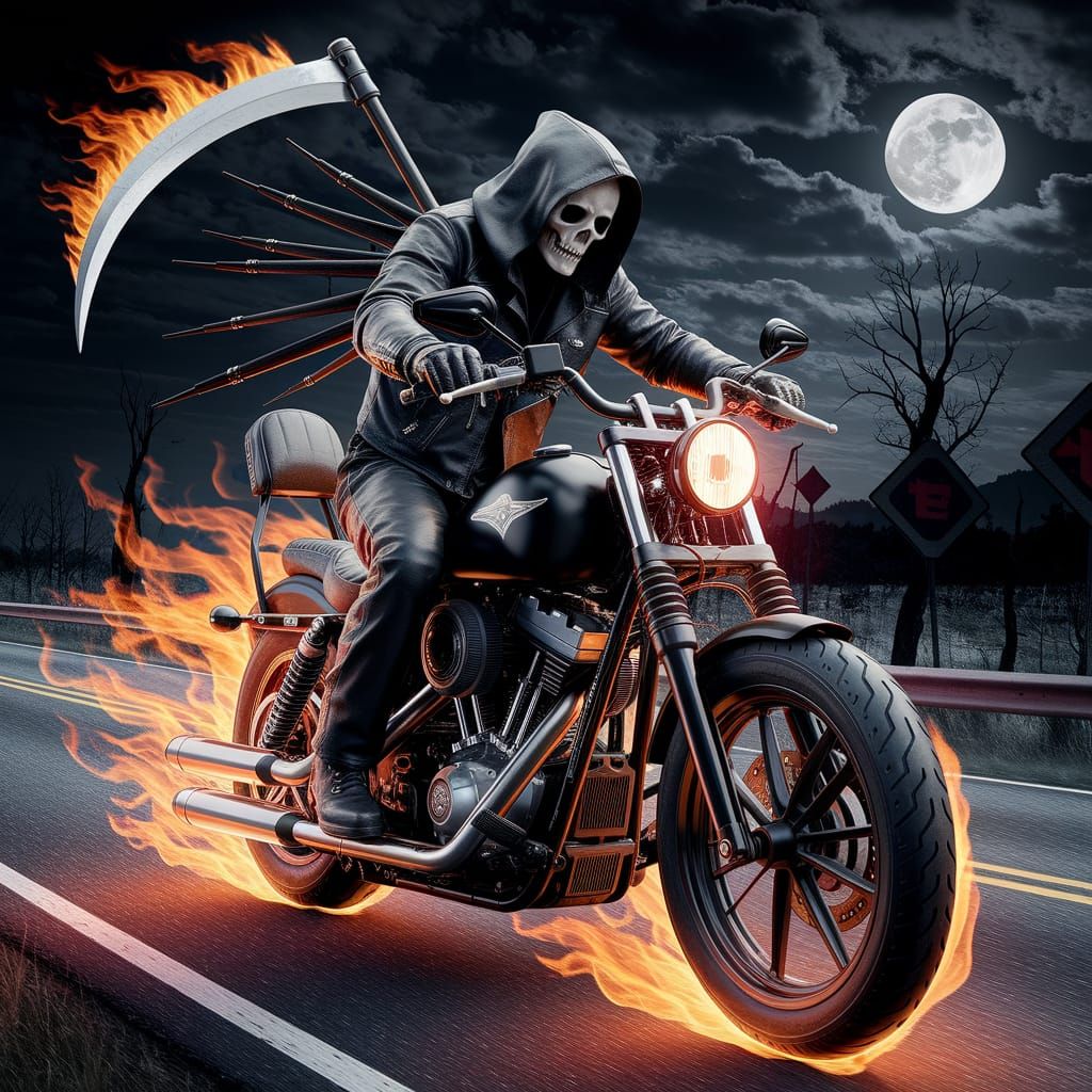 A dark, imposing grim reaper, shrouded in a tattered, black leather biker jacket and black leather pants, sits astride a...
