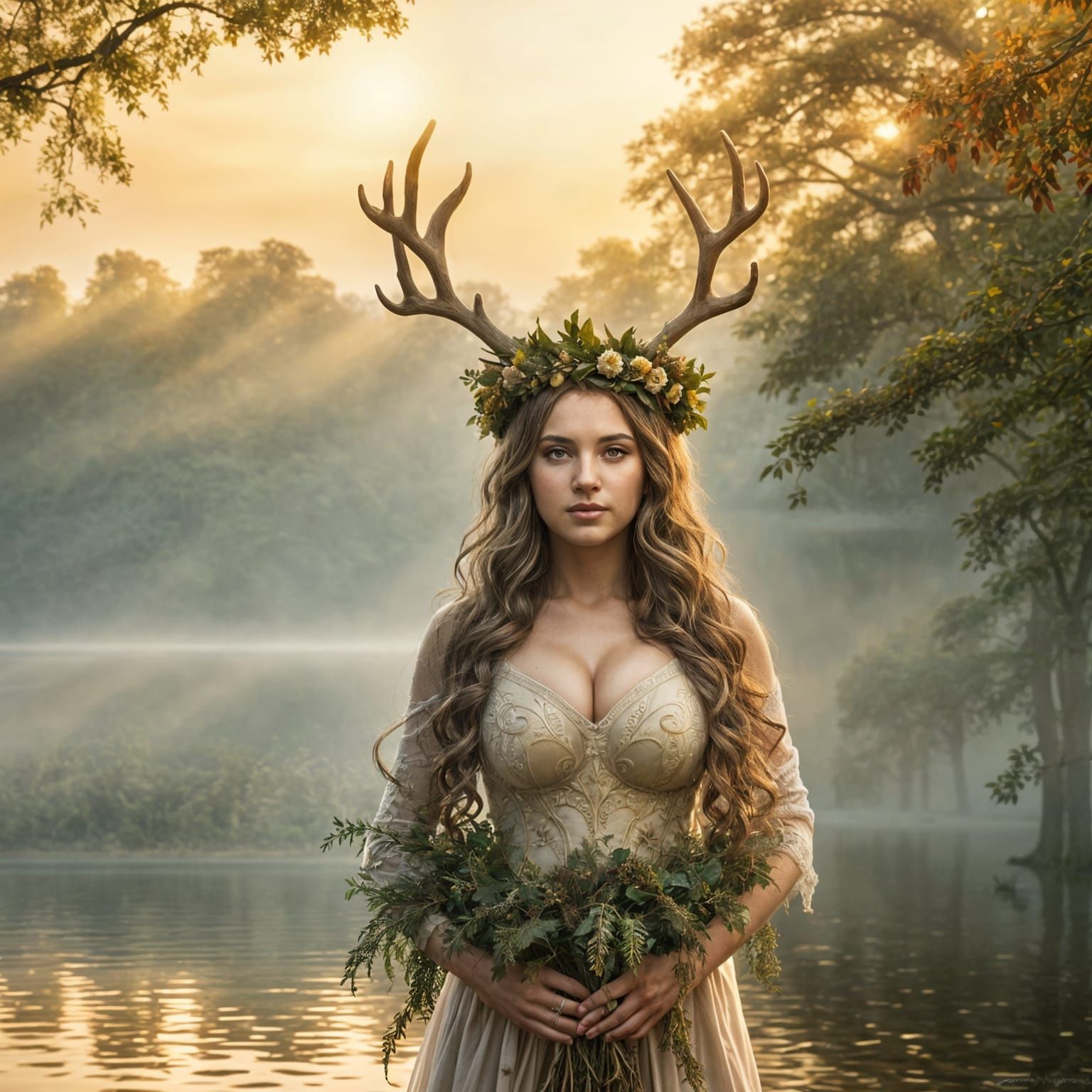 Divine Woman with Antlers in Golden Sunset