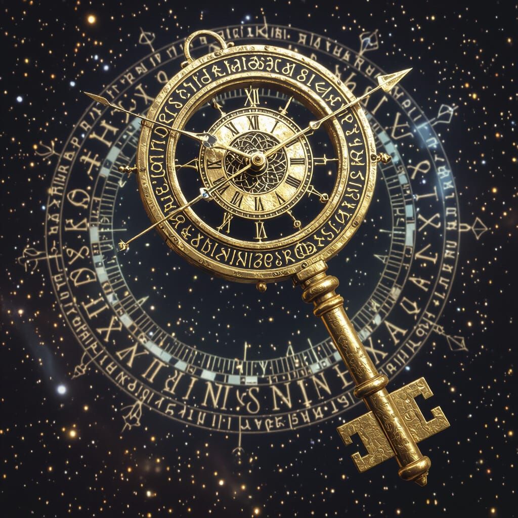 Magical Gold Key in Void with Orbiting Clock Orbs