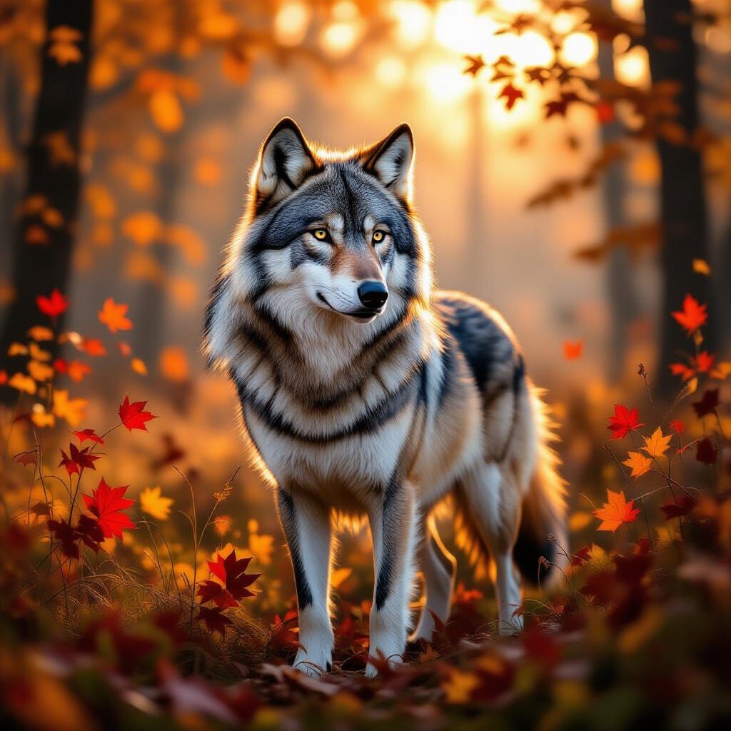 Majestic Autumn Wolf in Misty Forest Clearing