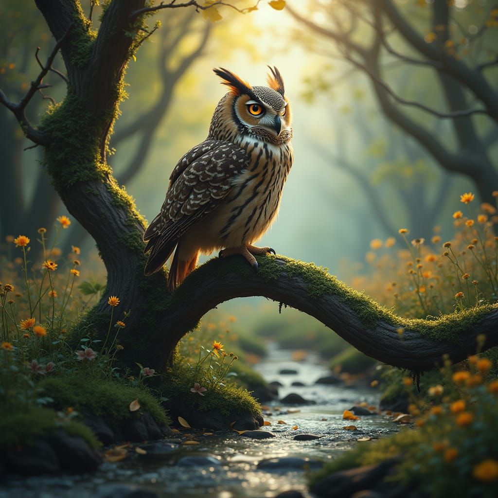 Wise Old Owl Observes Enchanted Forest, Digital Art