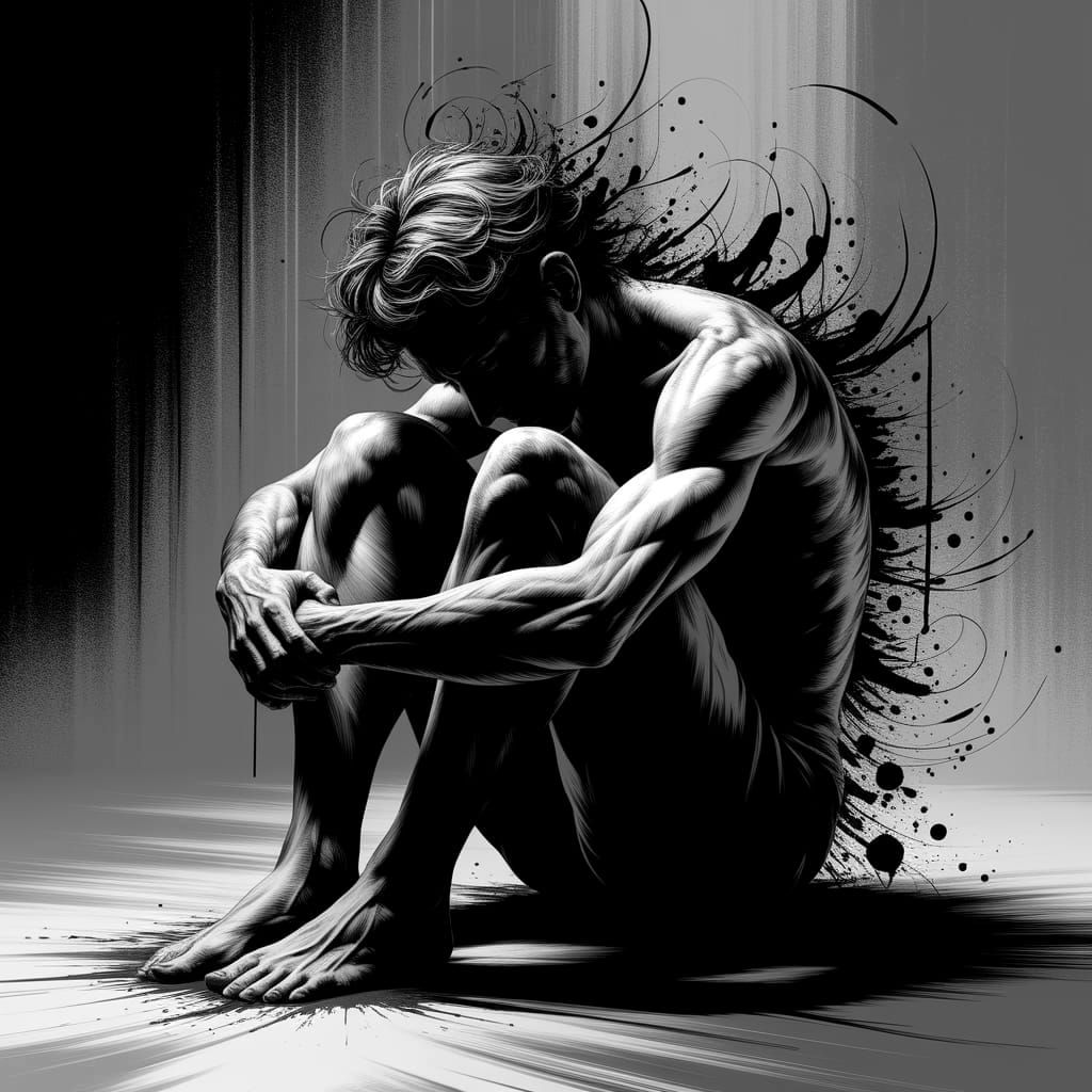 Expressionist Painting of Shadowy Figure in Grief