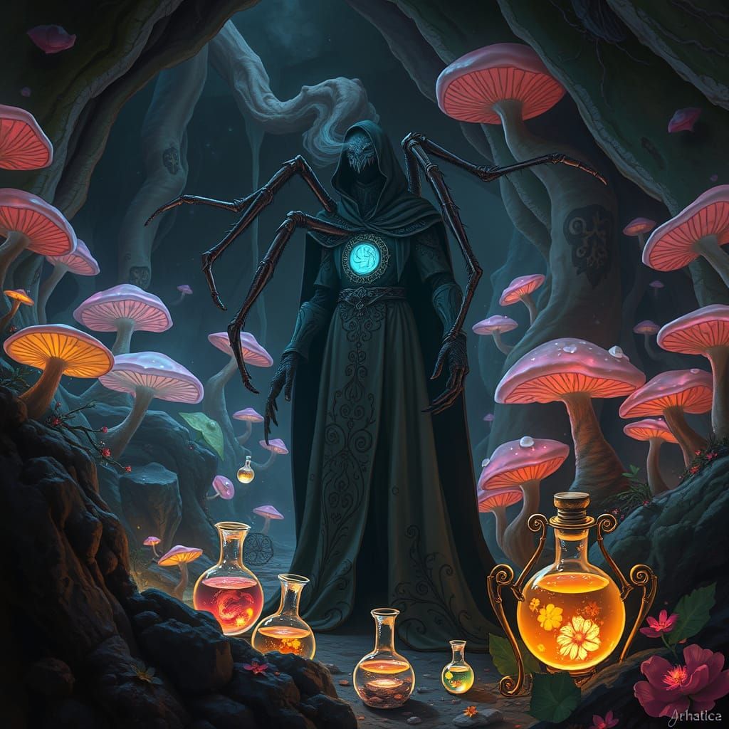 Mystical Spider Alchemist in a Dreamlike Bioluminescent Real...