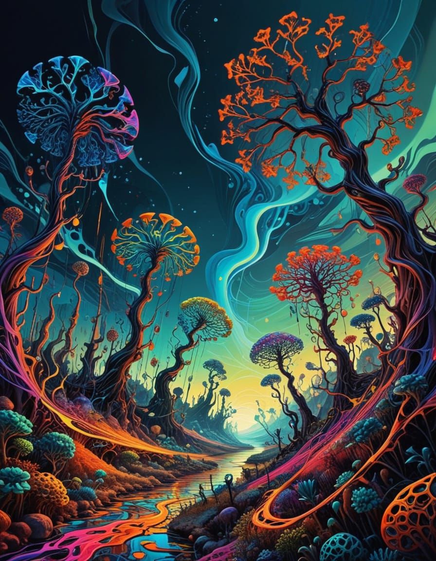 Surreal Landscape with Melting Plants and Glowing Structures