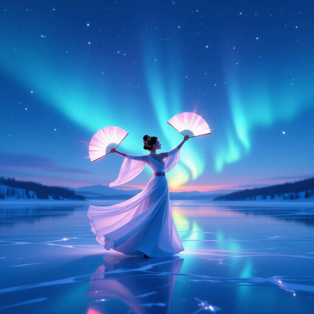 Elegant Fan Dance Under Aurora Borealis, in Magical Surreal ...