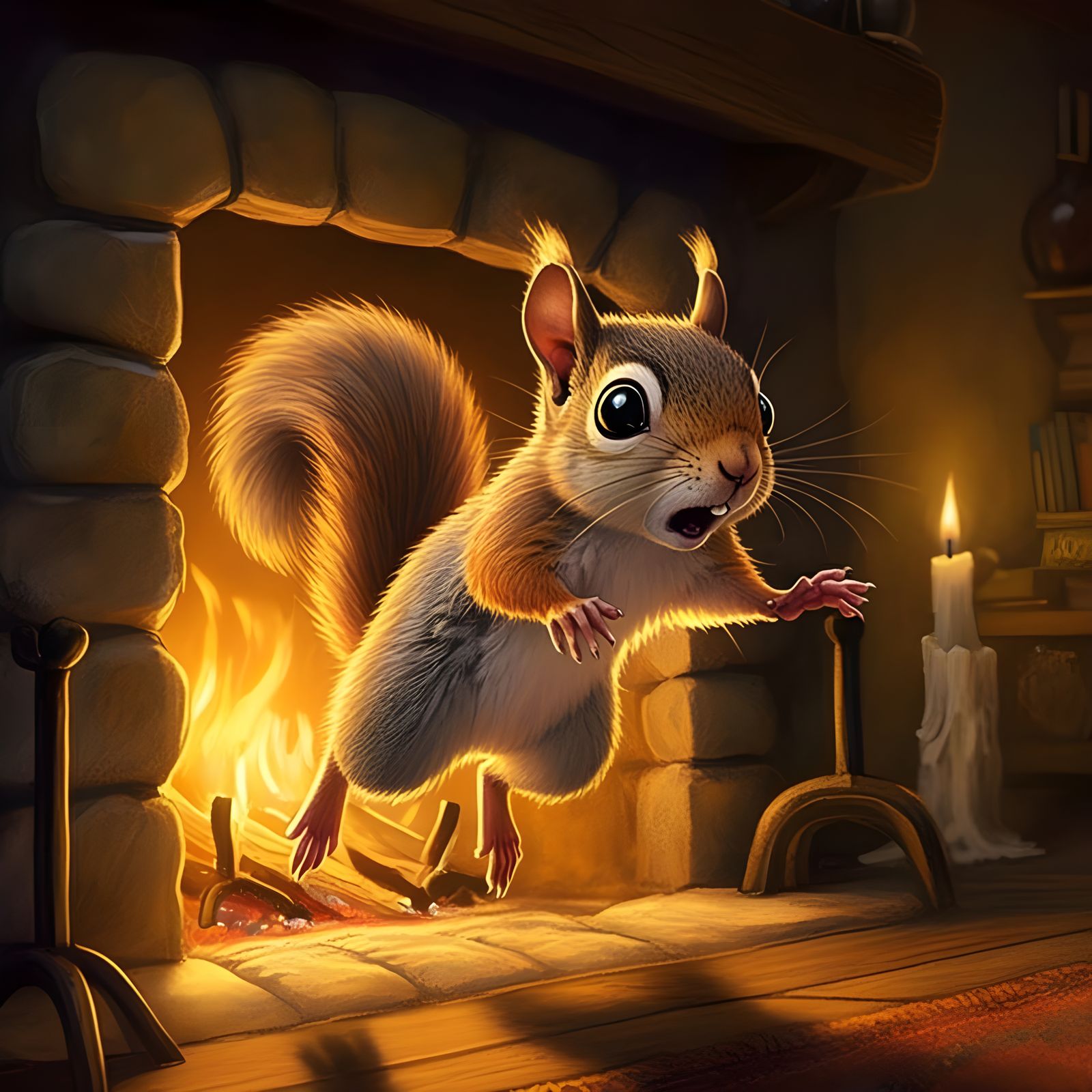 Squirrel in Peril Jumps from Fiery Fireplace