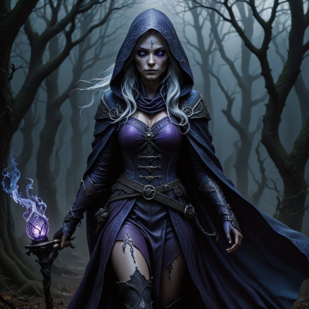 Ethereal Dark Fantasy Elf Necromancer in Deep Plum and Indig...