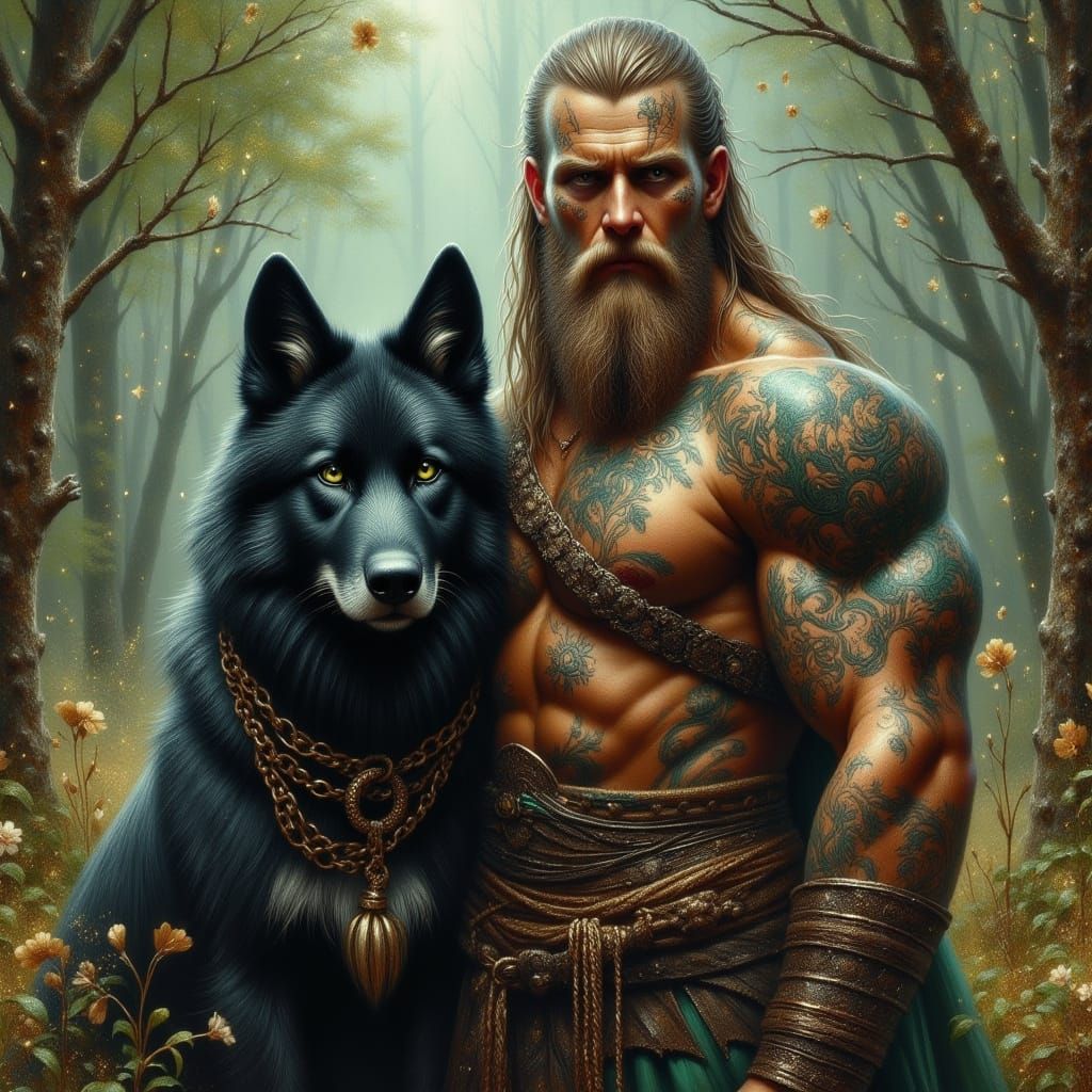 Muscular Viking with Wolf in Dark Fantasy Landscape