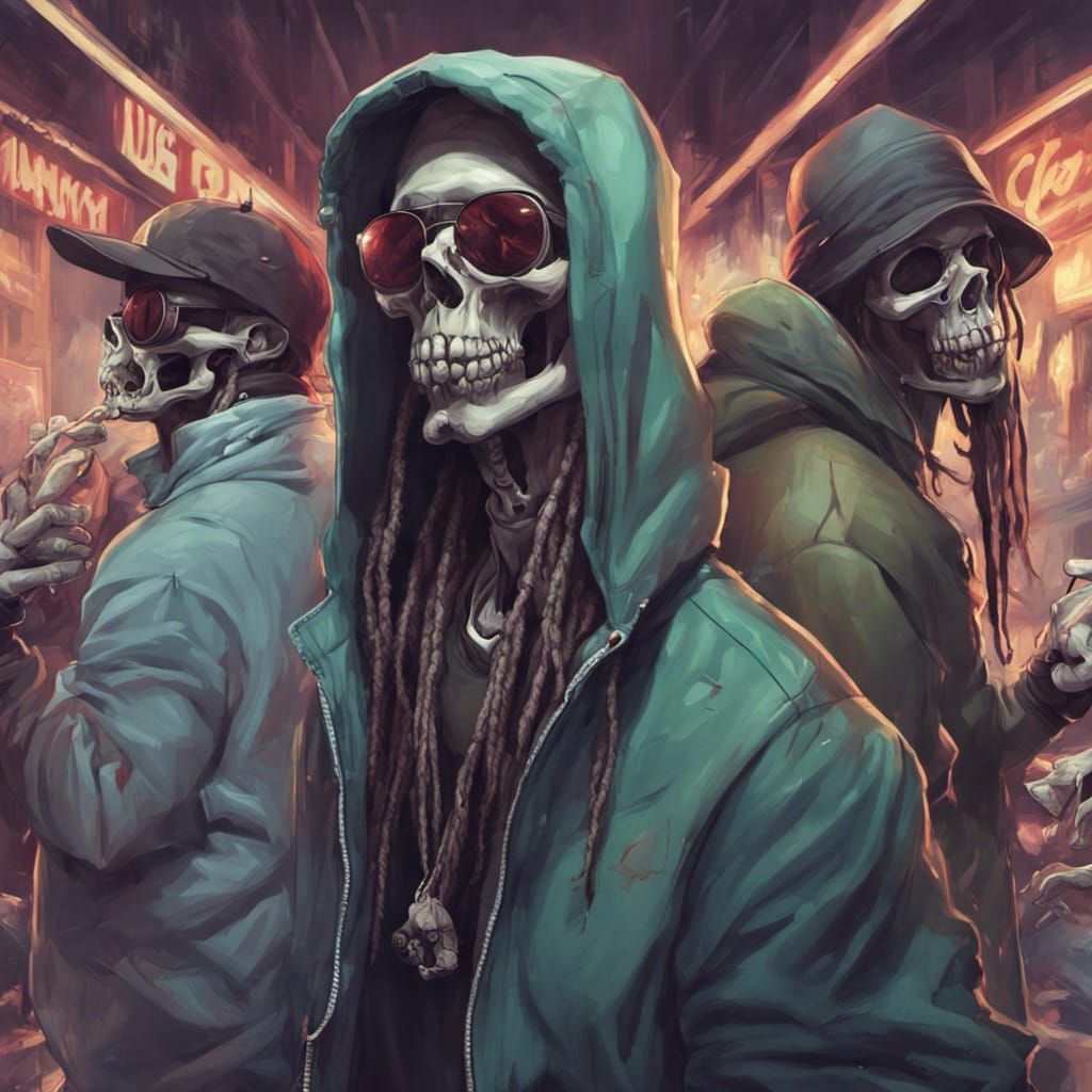 Hyperdetailed Gangster Skeletons in Graffiti Park