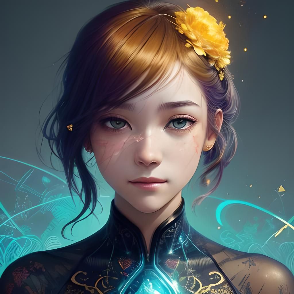 Luminous Portrait with Golden Outlines and Organic Tracery