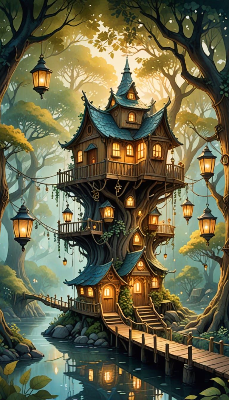Whimsical Treehouse Village in Watercolor