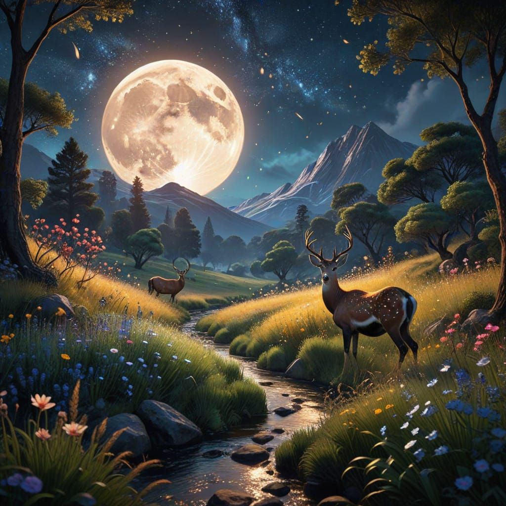 Dreamy Fauvist Landscape with Wild Animals and Twinkling Sta...