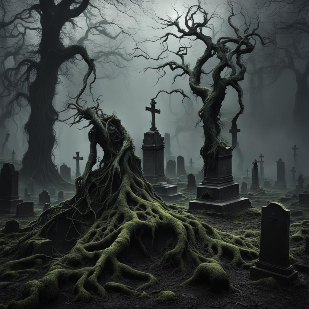 Eerie Abandoned Cemetery with Gravedigger in Shadows