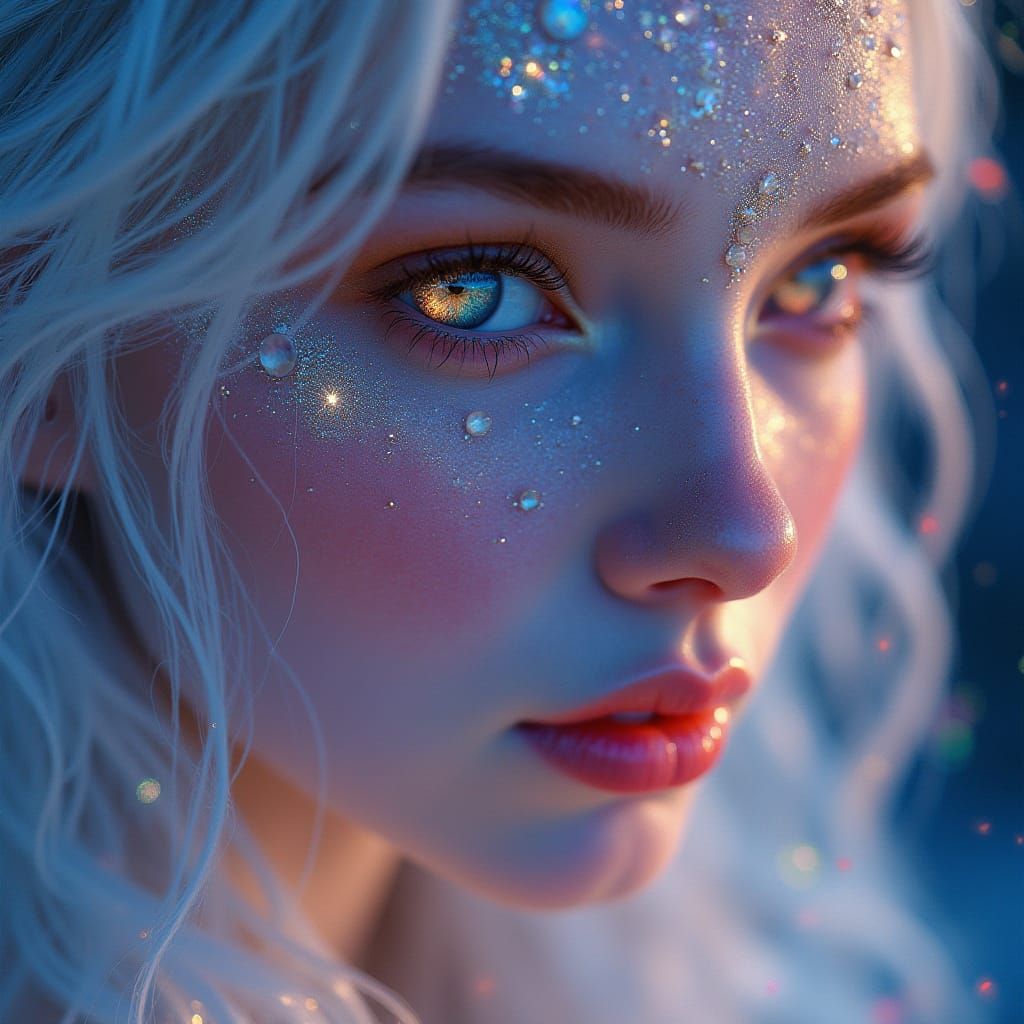 Cosmic Goddess in Shimmering Gown and Starlight Hair