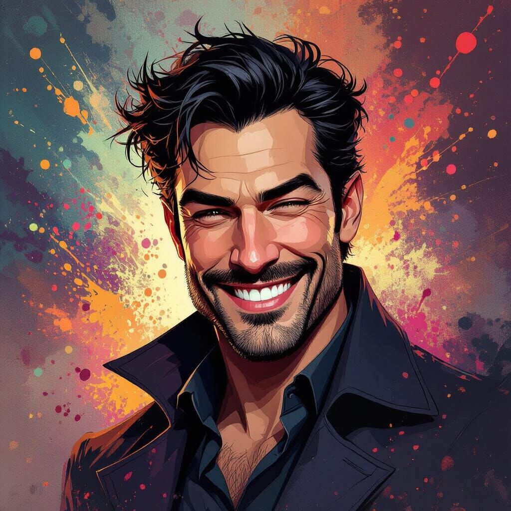 Cunning Man With Malicious Wink in Dramatic Splash Art