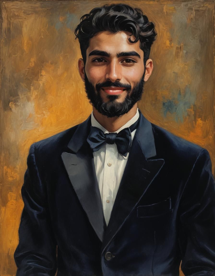 Handsome Arab Man in Velvet Suit, Impressionist Gouache