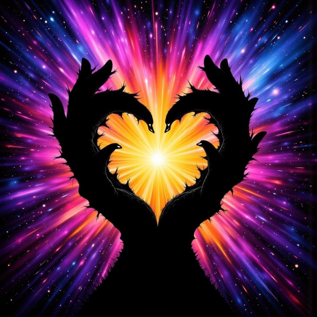 Heart Silhouette Against Golden Twilight Starburst
