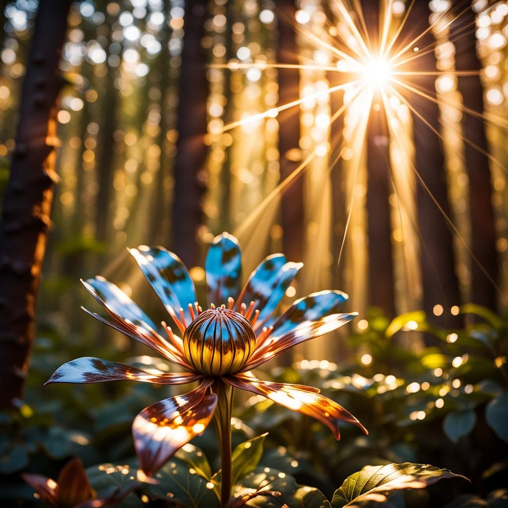 Shiny Metal Flower in Forest: Photorealistic Image