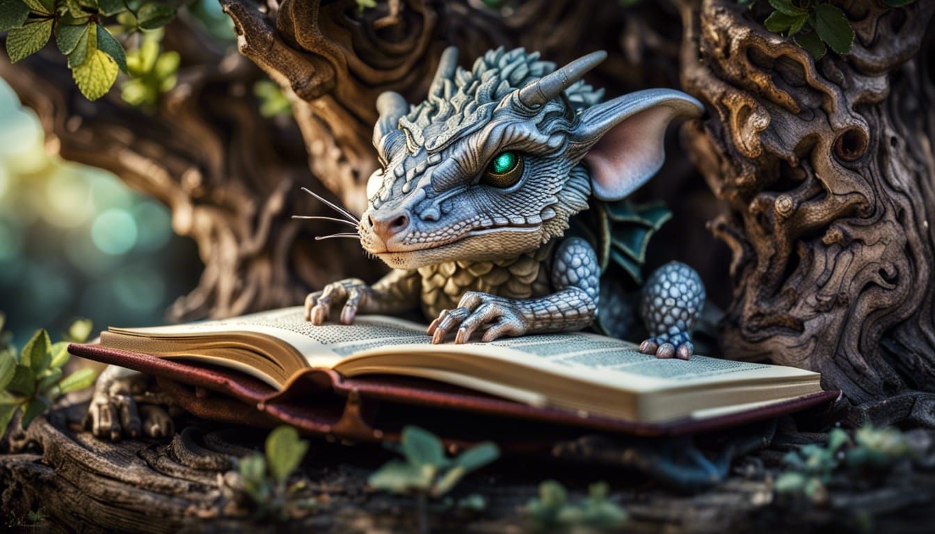 Medieval Fantasy Dragon Mouse Reading Under Ancient Tree