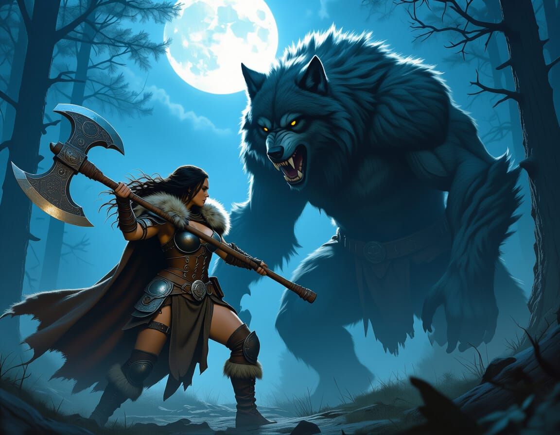 Barbarian Battles Werewolf in Moonlit Forest