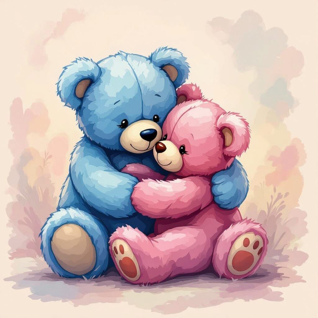 Blue and Pink Teddy Bears Hugging in Airbrush Style