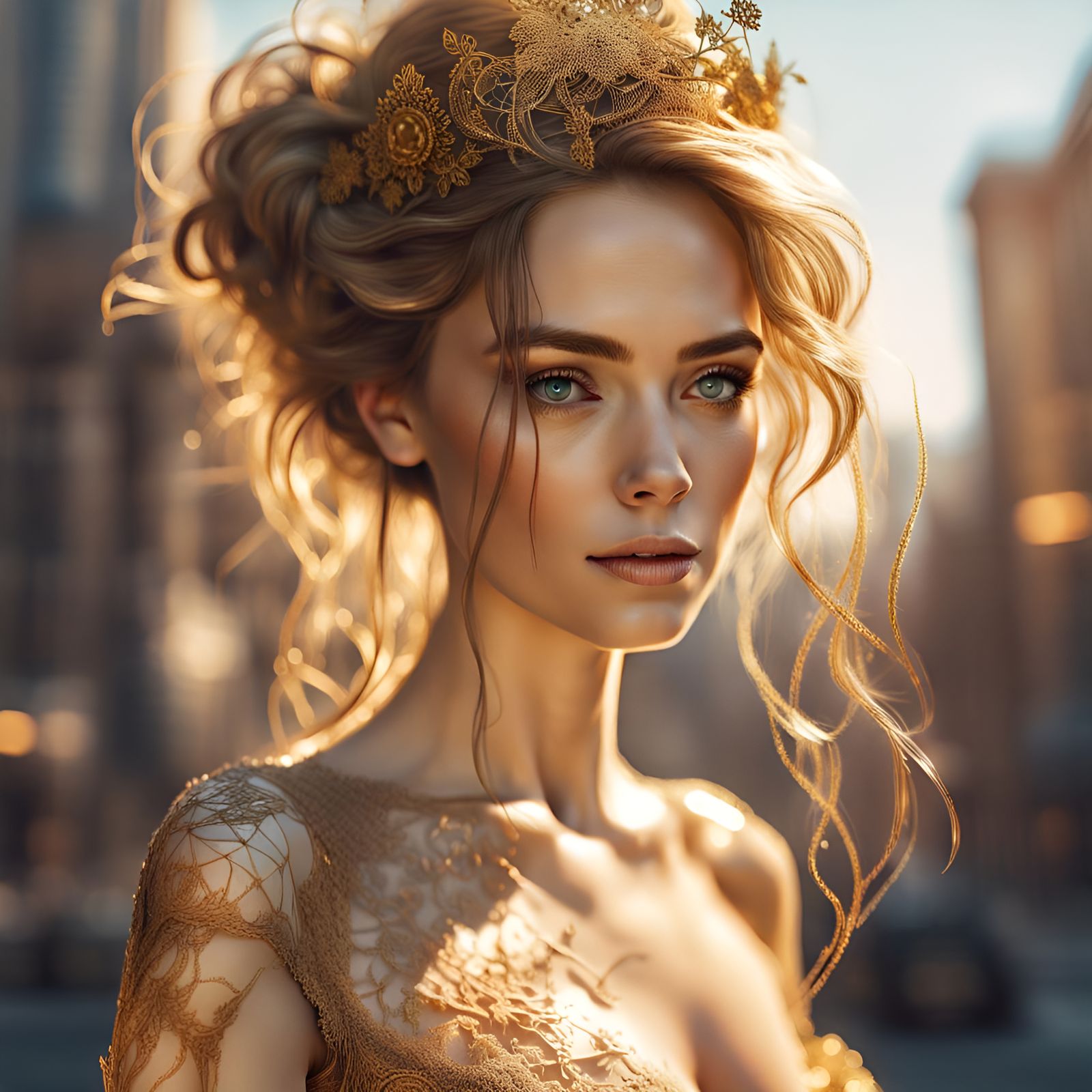 Gorgeous Bride in Lacy Gold Dress: Digital Art