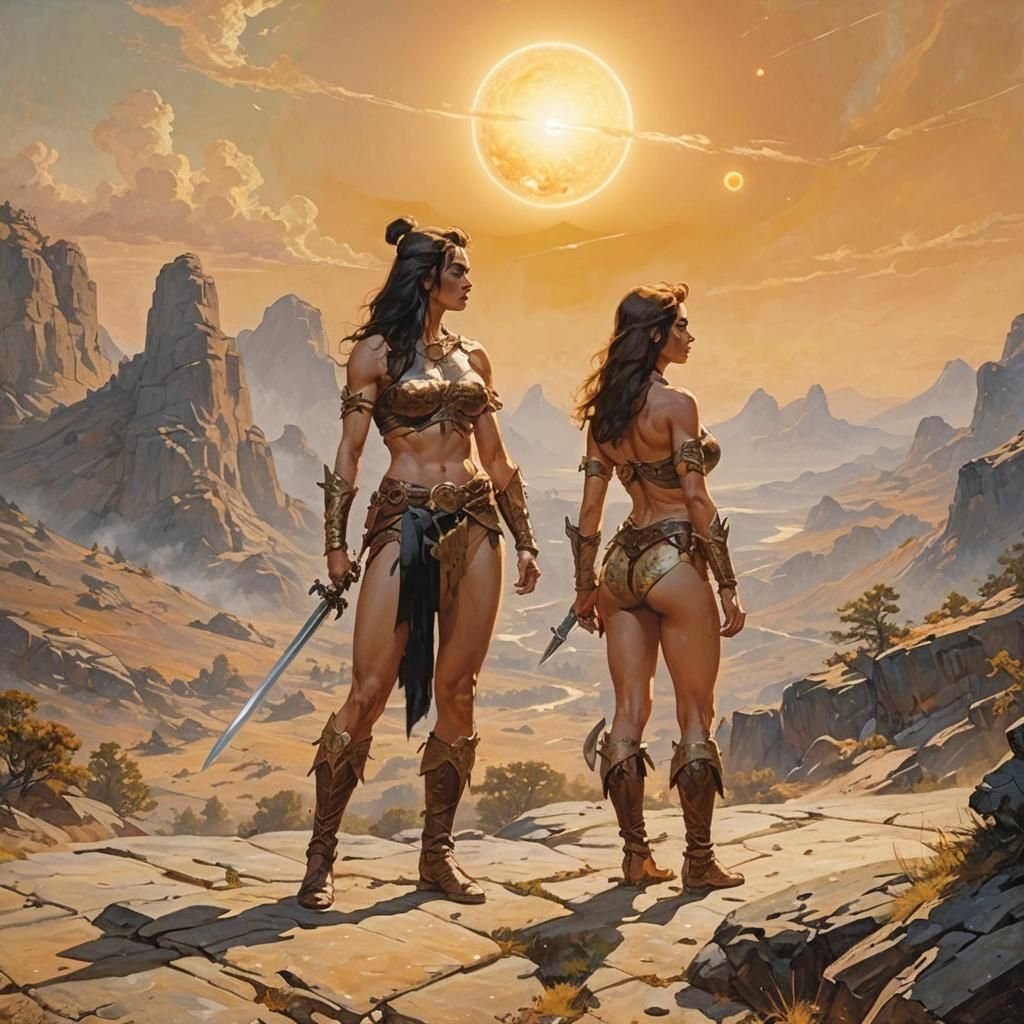 Frazetta Style Art: Two Suns Fantasy Landscape