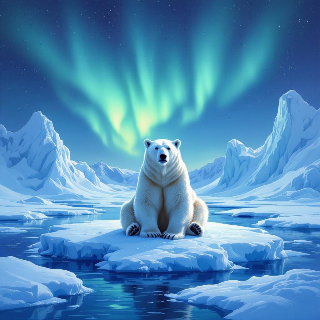 Polar Bear Under Aurora Borealis in Classical Oil Style