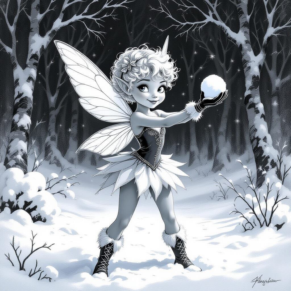 Grayscale Fairy with Snowball in Snowy Woodland