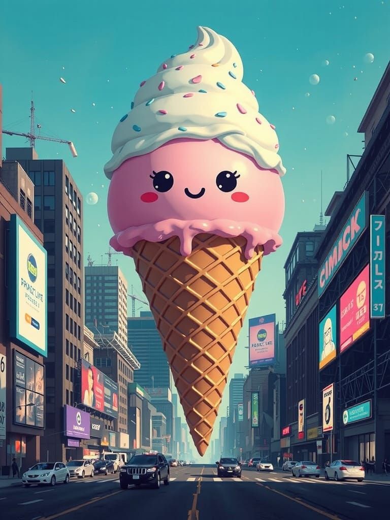 Kawaii Ice Cream Towers in Futuristic Cityscape