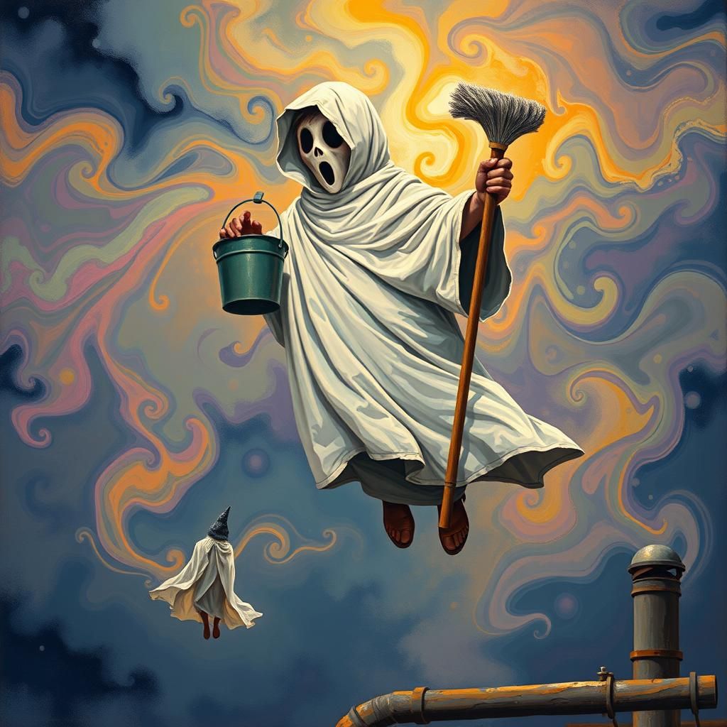 Boy in Ghost Costume Floats in Dreamlike Gouache Scene