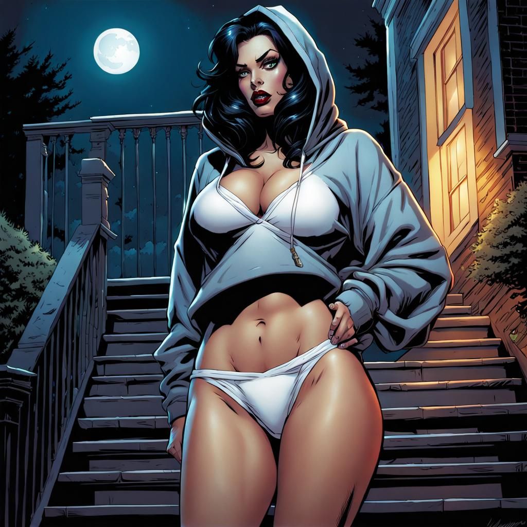 Raven-Haired Woman on Steps in Comic Book Art Style
