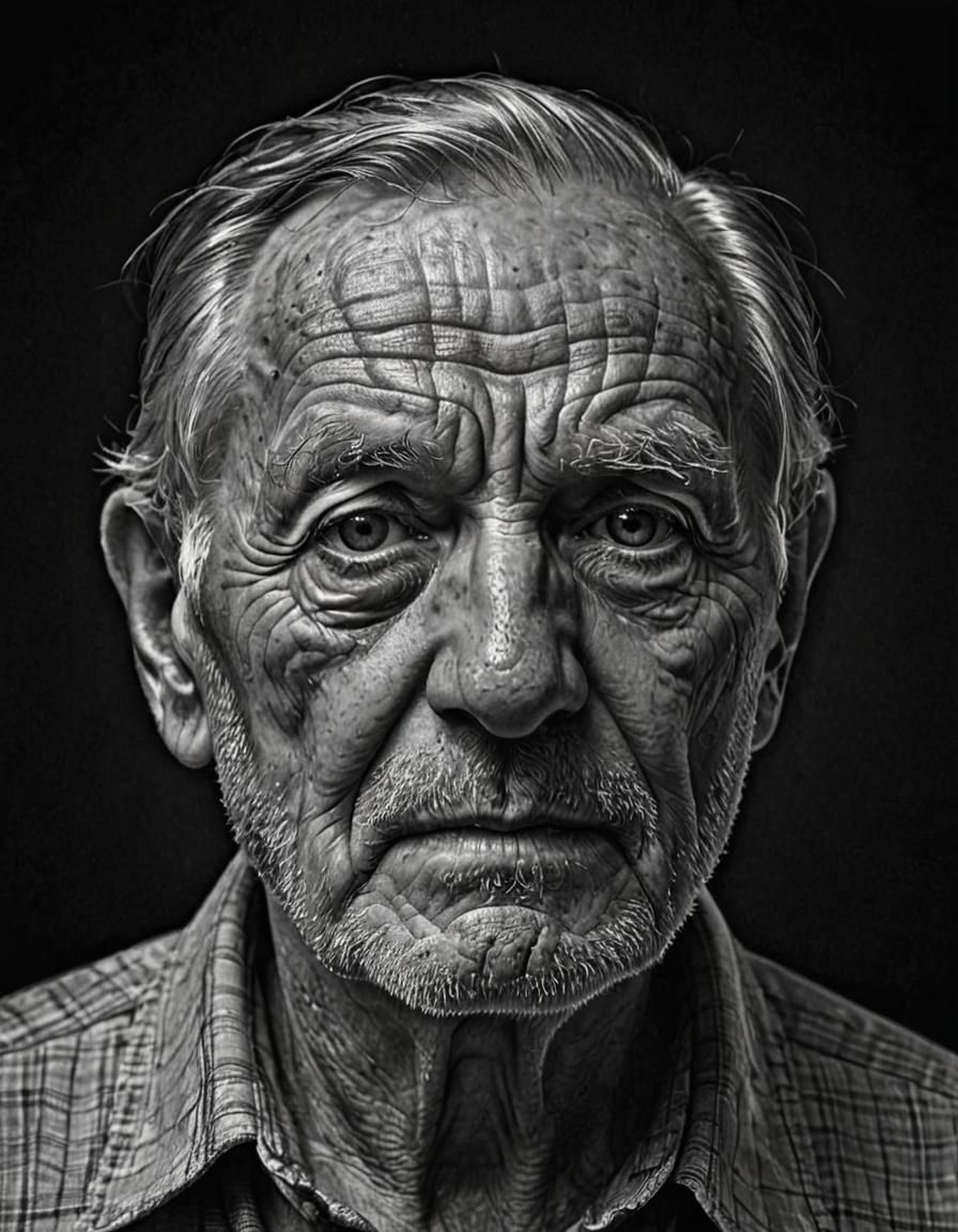 Hyper-Realistic Portrait of an Elderly Man in Black and Whit...