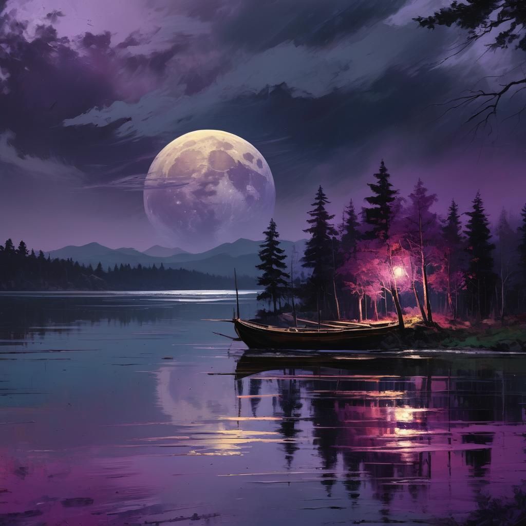 Abstract Moonlit Landscape Oil Painting