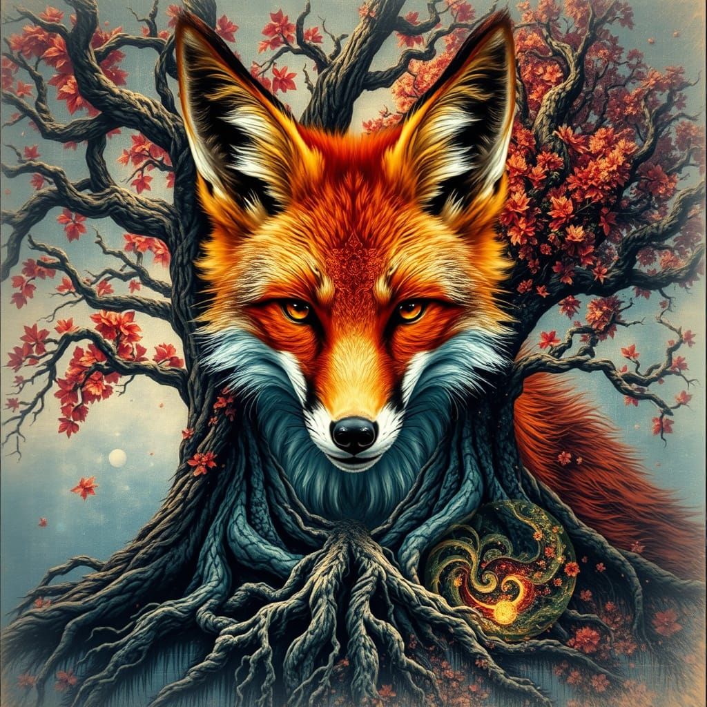 Ethereal Fox Portrait in Vibrant Cosmic Colors