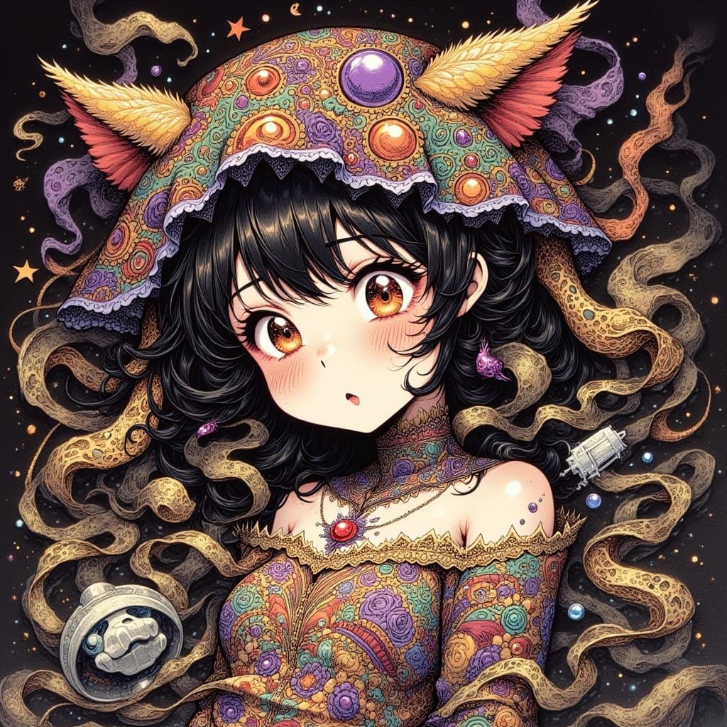 Ethereal 80s Anime Character in Zentangle Awakening