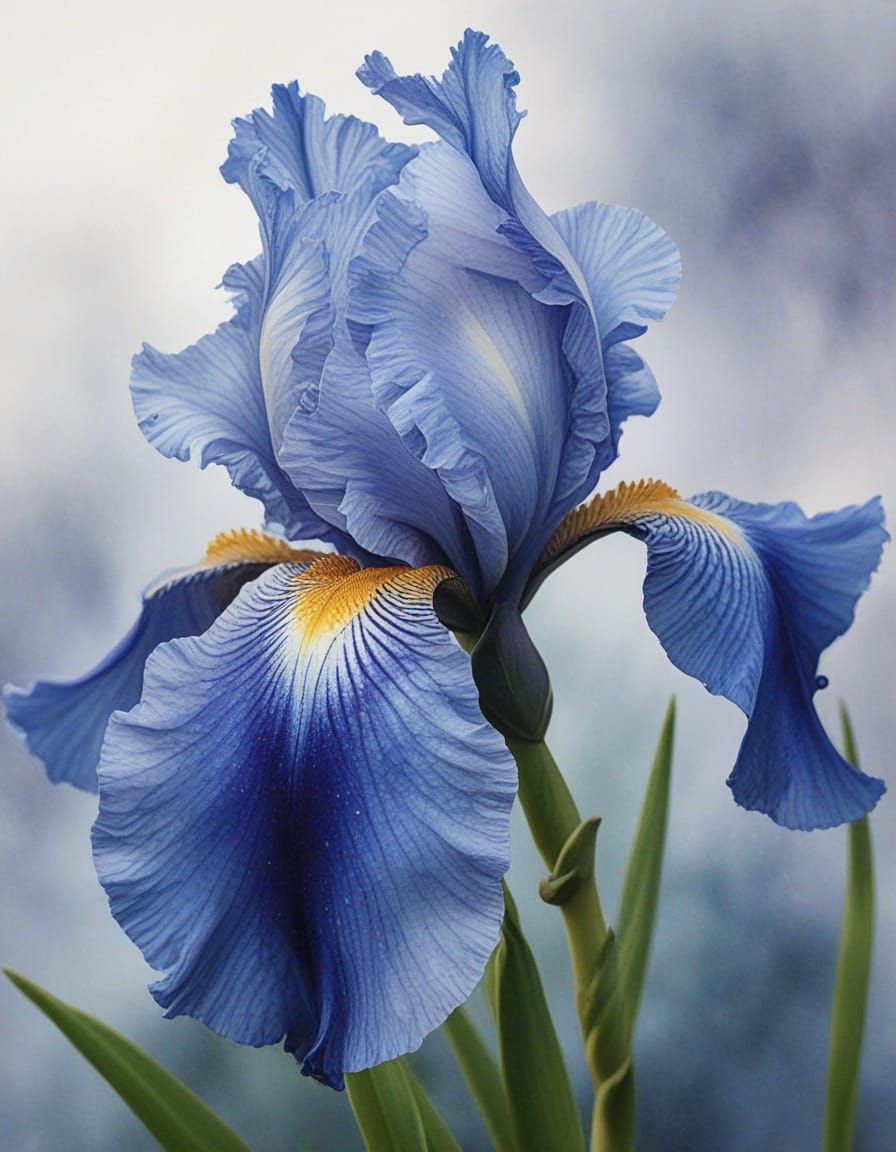 Hyperrealistic Blue Iris in Watercolour and Ink Style