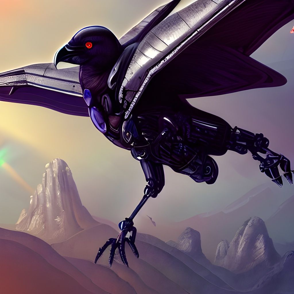 Cyborg Raven with Laser Eyes Over Epic Landscape