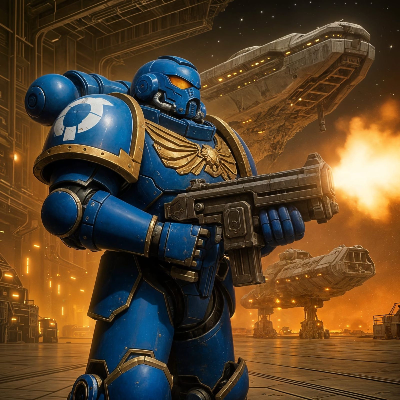 Space Marine with Giant Gun in Space Dock