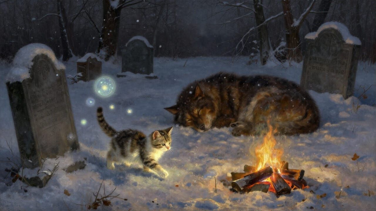 Snowy 1800s Graveyard With Yule Kitten and Fire