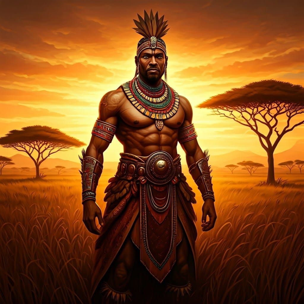 African Warrior in a Fiery Sunset Landscape