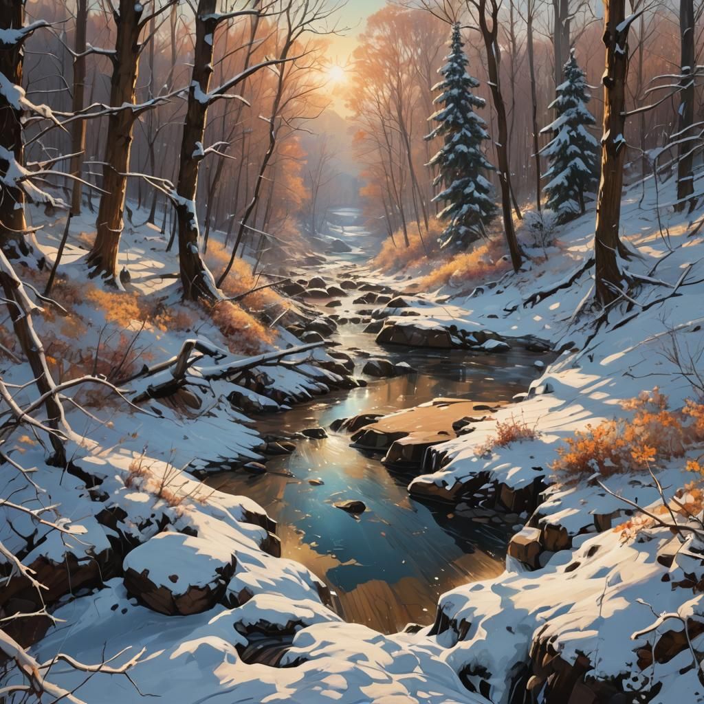 Dewdrop in Winter Landscape: Hyperrealistic Splash Art