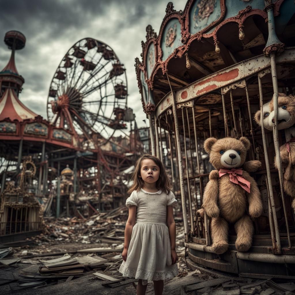 Lost Girl in Ruined Luna Park: Hyperrealistic Image